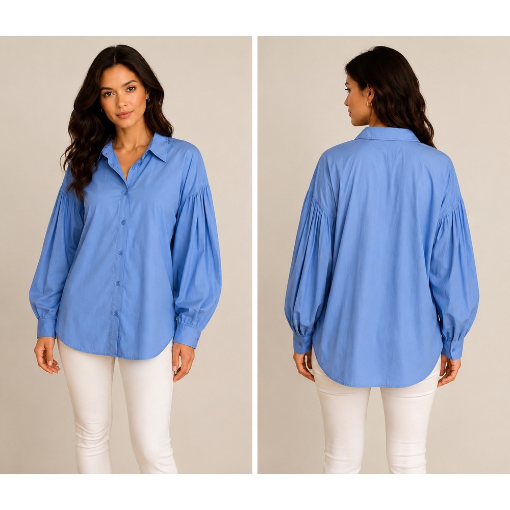 Lauren Ralph Lauren Blue Cotton Pleated Puff Sleeve Button Down Shirt 3X Plus